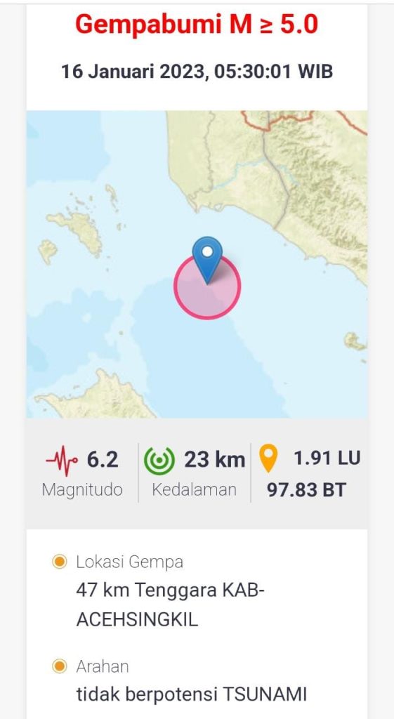 Gempa Kekuatan 6,2 Magnitudo Guncang Aceh Singkil